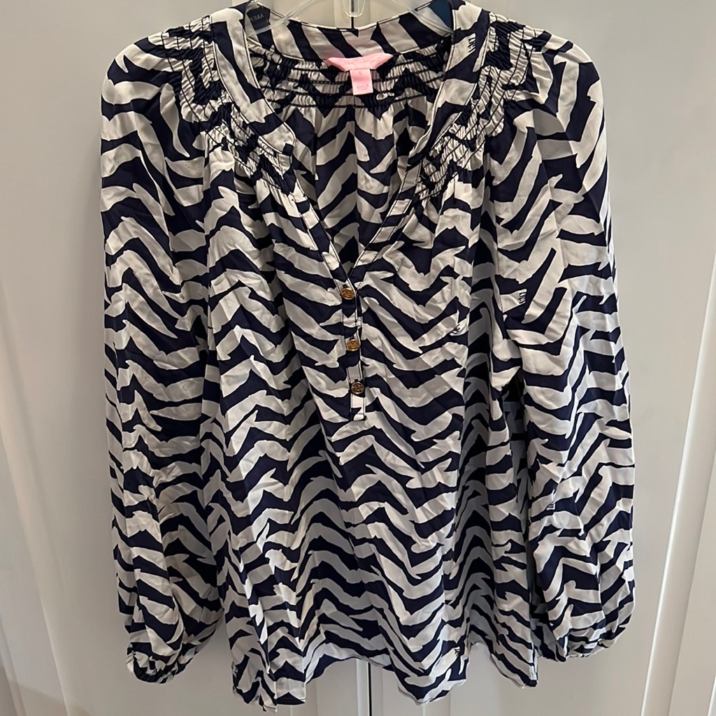 Lilly Pulitzer Bright Navy Blue White Elsa Top Women’s 100% Silk Size Small
